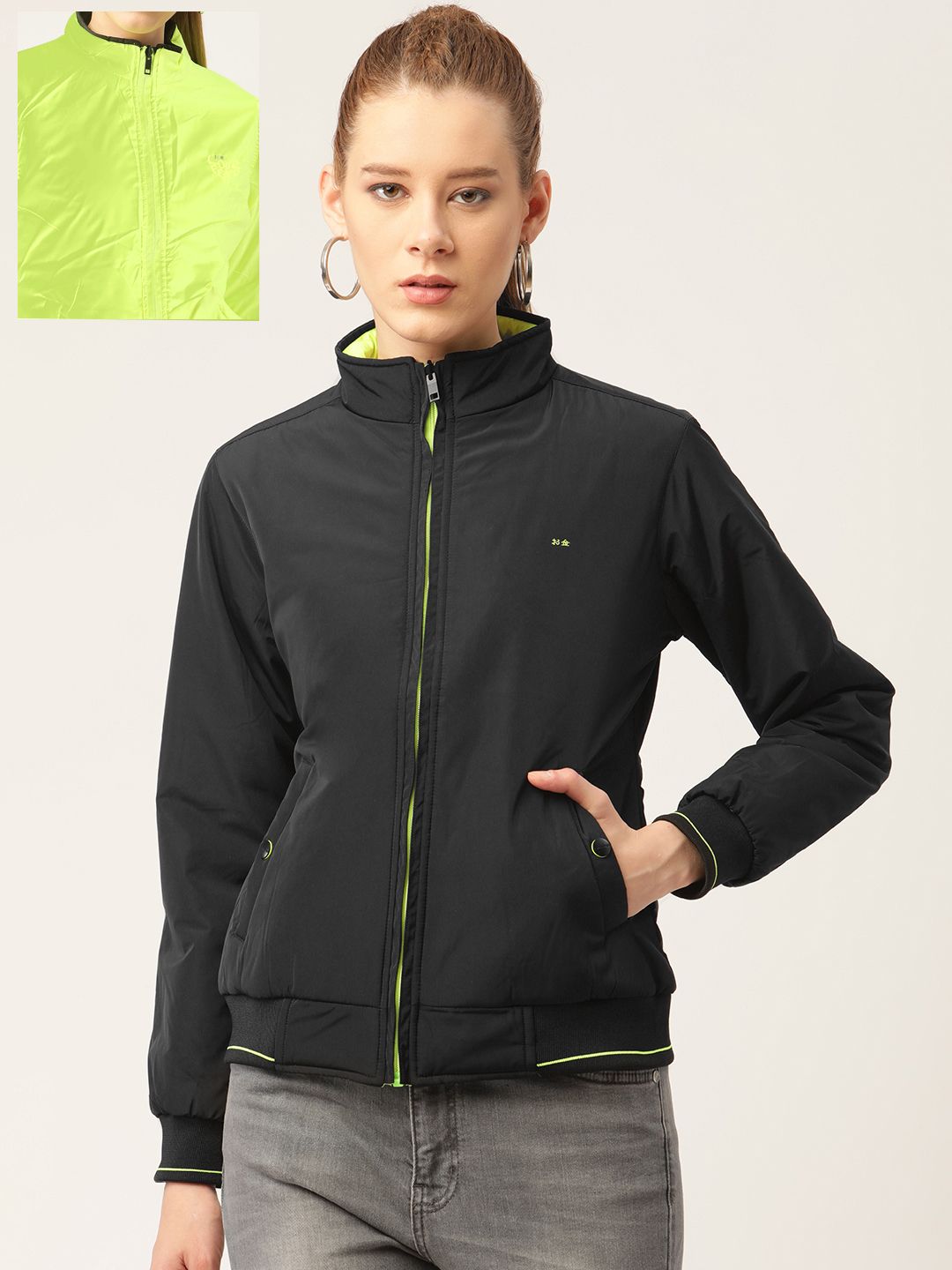 Okane Women Black Reversible Bomber Jacket Price in India