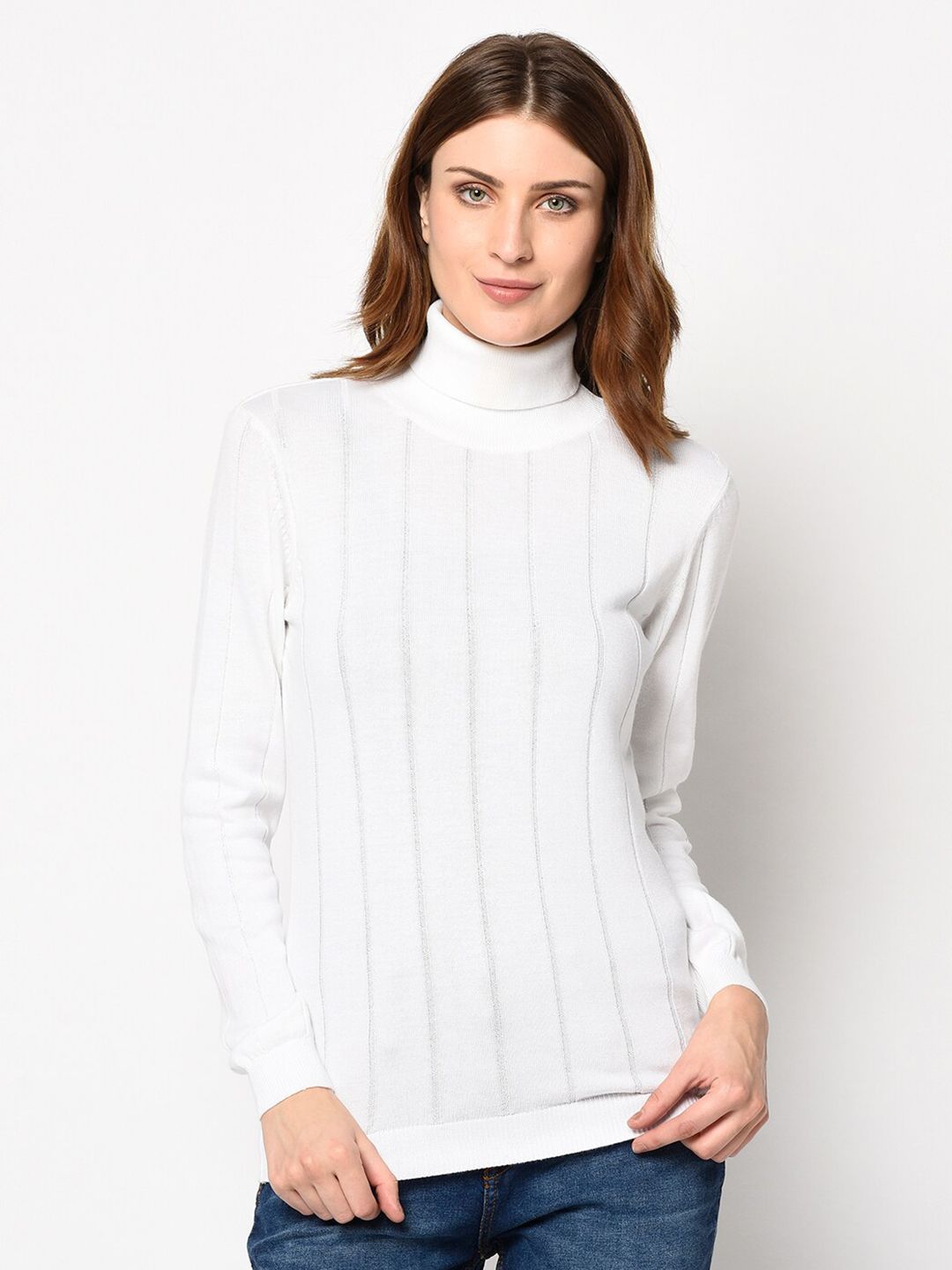 98 Degree North Women White Striped Pullover Price in India