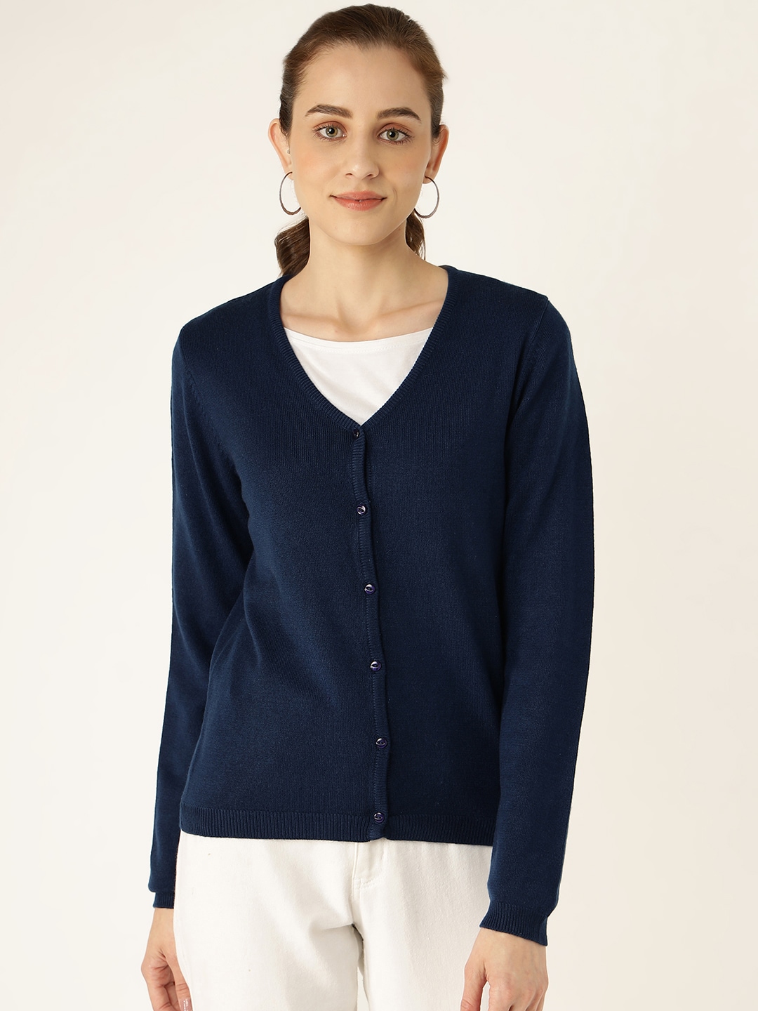 Madame Women Navy Blue Solid Cardigan Price in India
