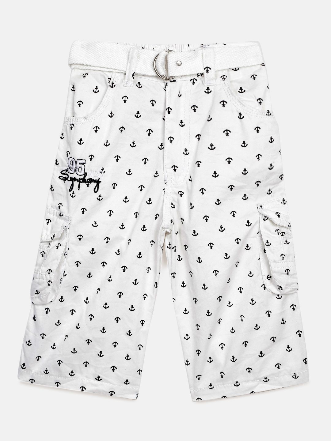 ADBUCKS Boys White Printed Relaxed Easy Wash Chambray 3/4th Cargos Trousers