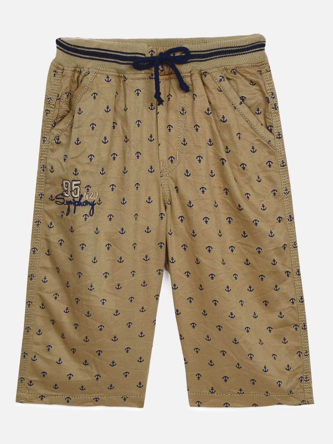 ADBUCKS Boys Beige Printed Relaxed Easy Wash Chambray 3/4th Cargos Trousers