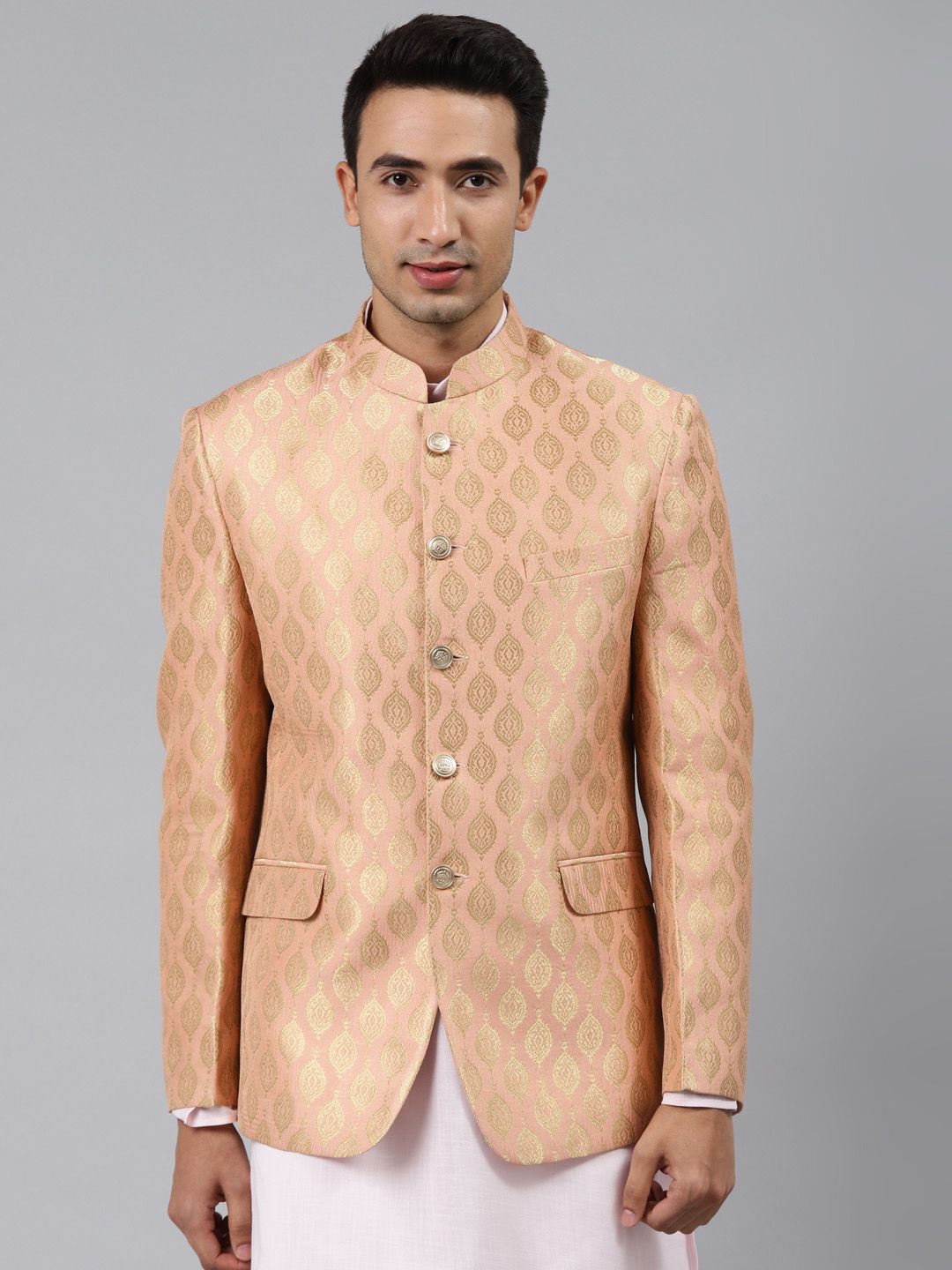 MANQ Men Peach Self-Design Slim Fit Bandhgala Blazer