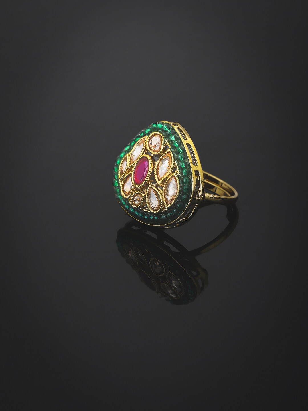 KOLHA-BY CARLTON Gold-Plated & Green Kundan-Studded Finger Ring Price in India