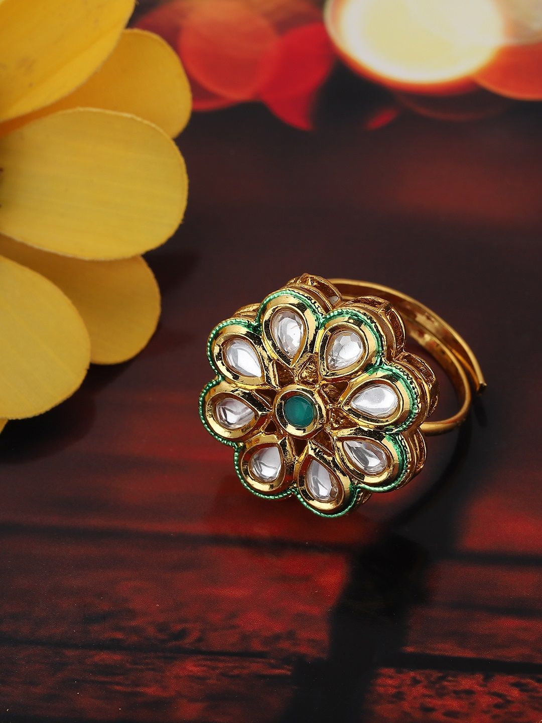 KOLHA-BY CARLTON Gold-Plated & Green Kundan-Studded Enamelled Finger Ring Price in India