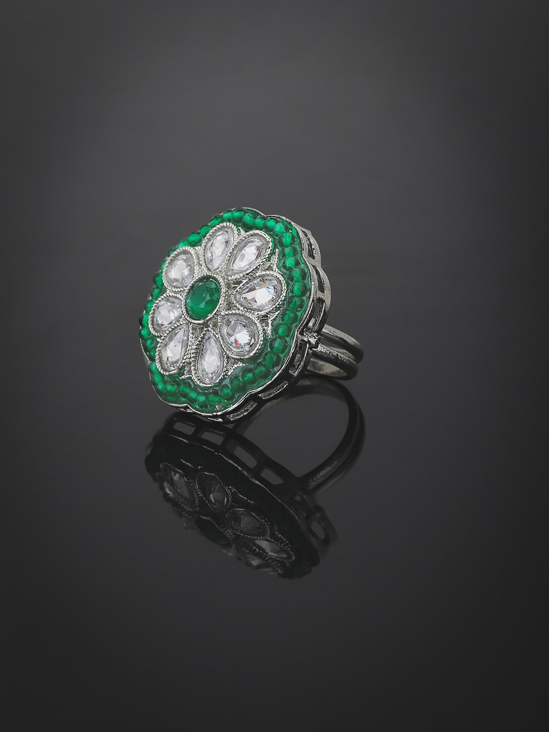 KOLHA-BY CARLTON Silver-Plated & Green Kundan-Studded Enamelled Finger Ring Price in India