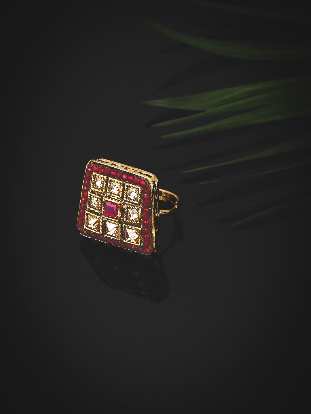 KOLHA-BY CARLTON Gold-Plated & Red Kundan-Studded Enamelled Finger Ring Price in India