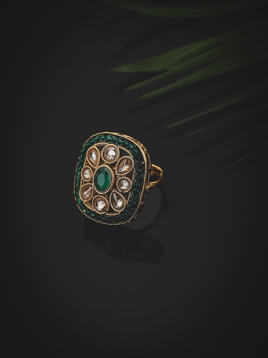 KOLHA-BY CARLTON Green Gold-Plated Kundan-Studded Enameled Adjustable Finger Ring Price in India
