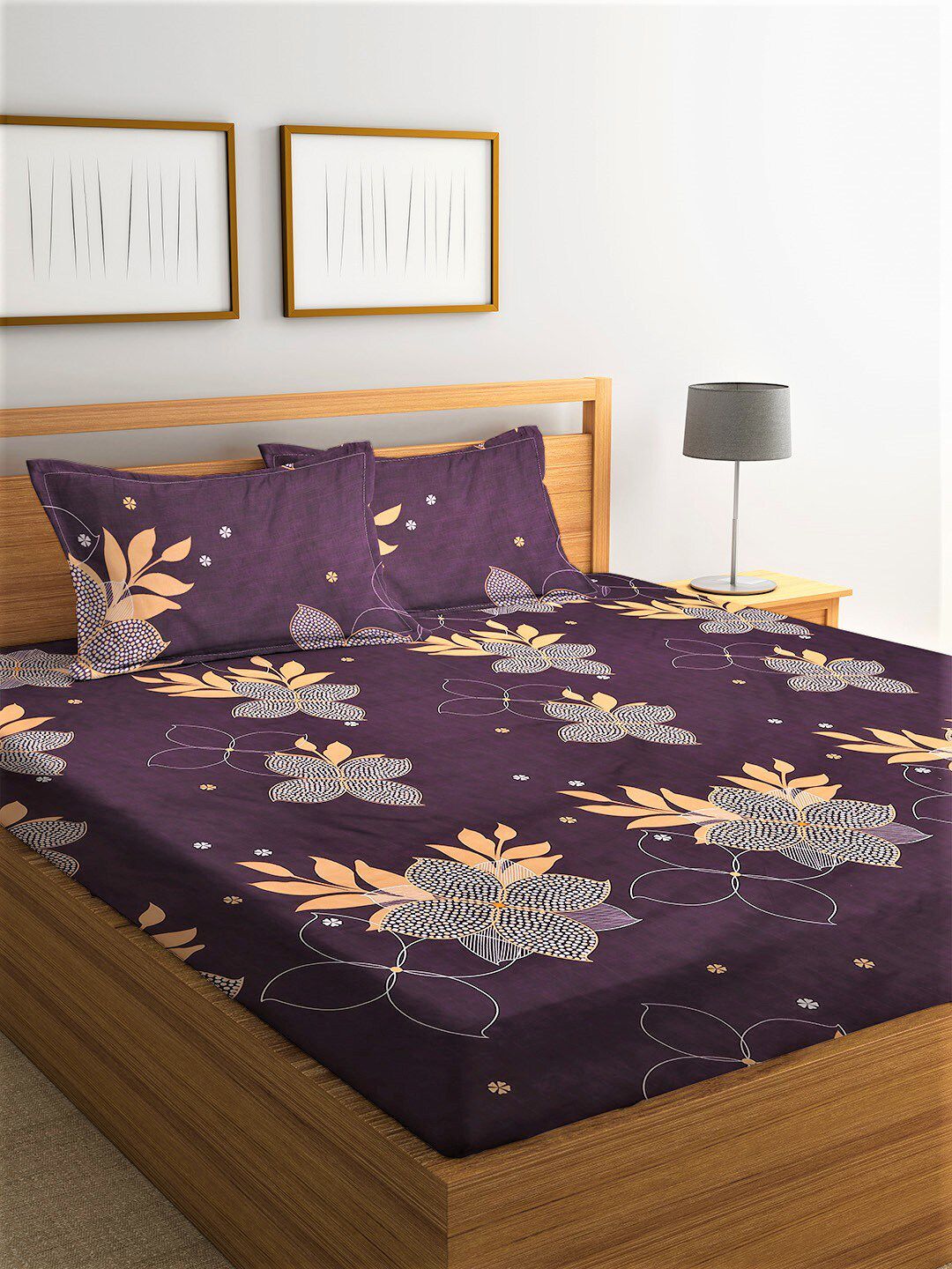 Home Sizzler Purple & Yellow Floral 144 TC Queen Bedsheet with 2 Pillow Covers Price in India