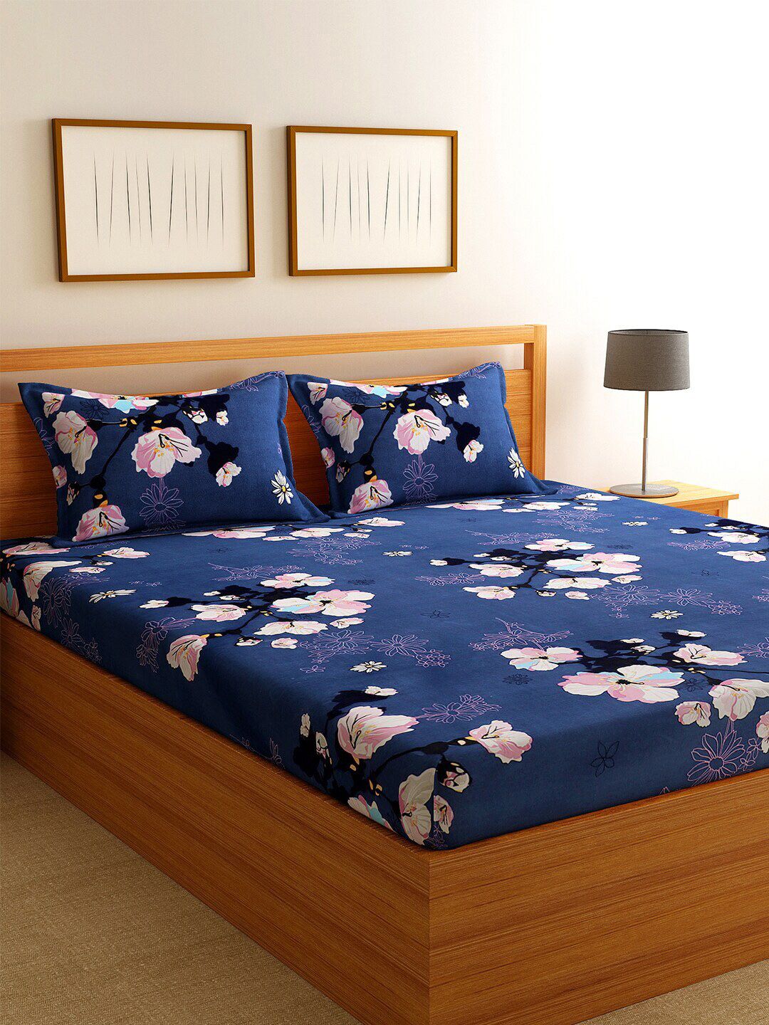 Home Sizzler Navy Blue & Pink Floral 144 TC Queen Bedsheet with 2 Pillow Covers Price in India
