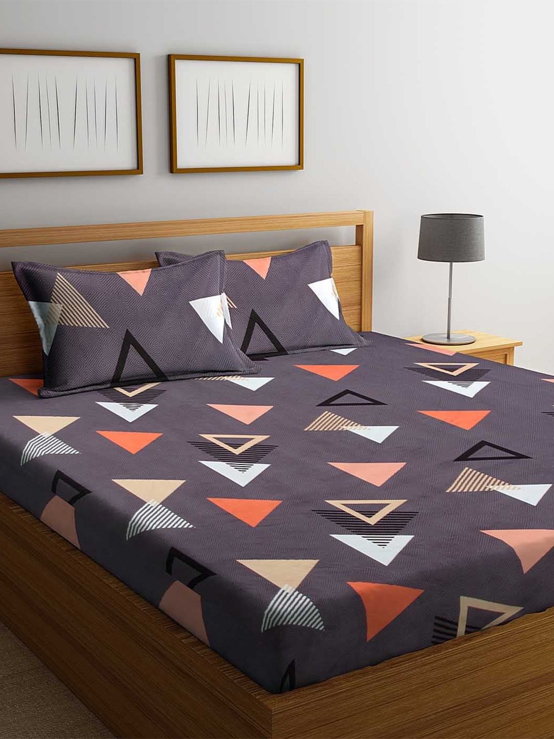 Home Sizzler Grey & Black Geometric 144 TC Queen Bedsheet with 2 Pillow Covers Price in India