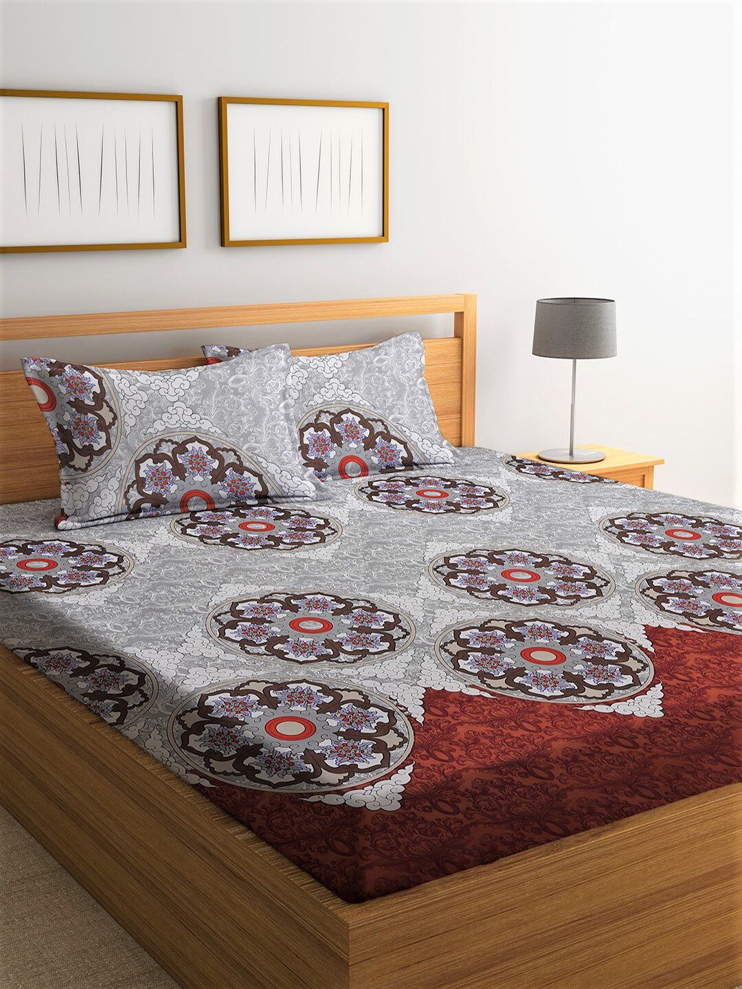 Home Sizzler Grey & Brown Floral 144 TC Queen Bedsheet with 2 Pillow Covers Price in India