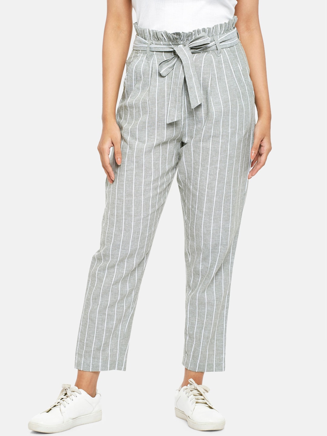 People Women Green Striped High-Rise Pleated Trousers Price in India