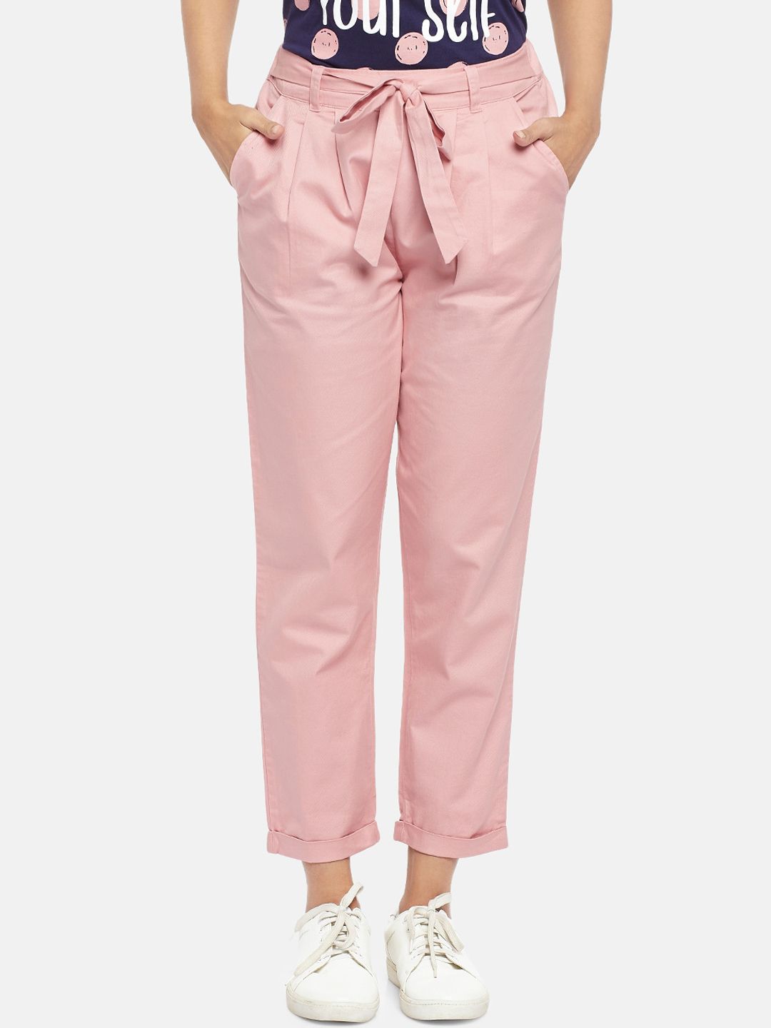People Women Pink Tapered Fit High-Rise Pleated Peg Trousers Price in India