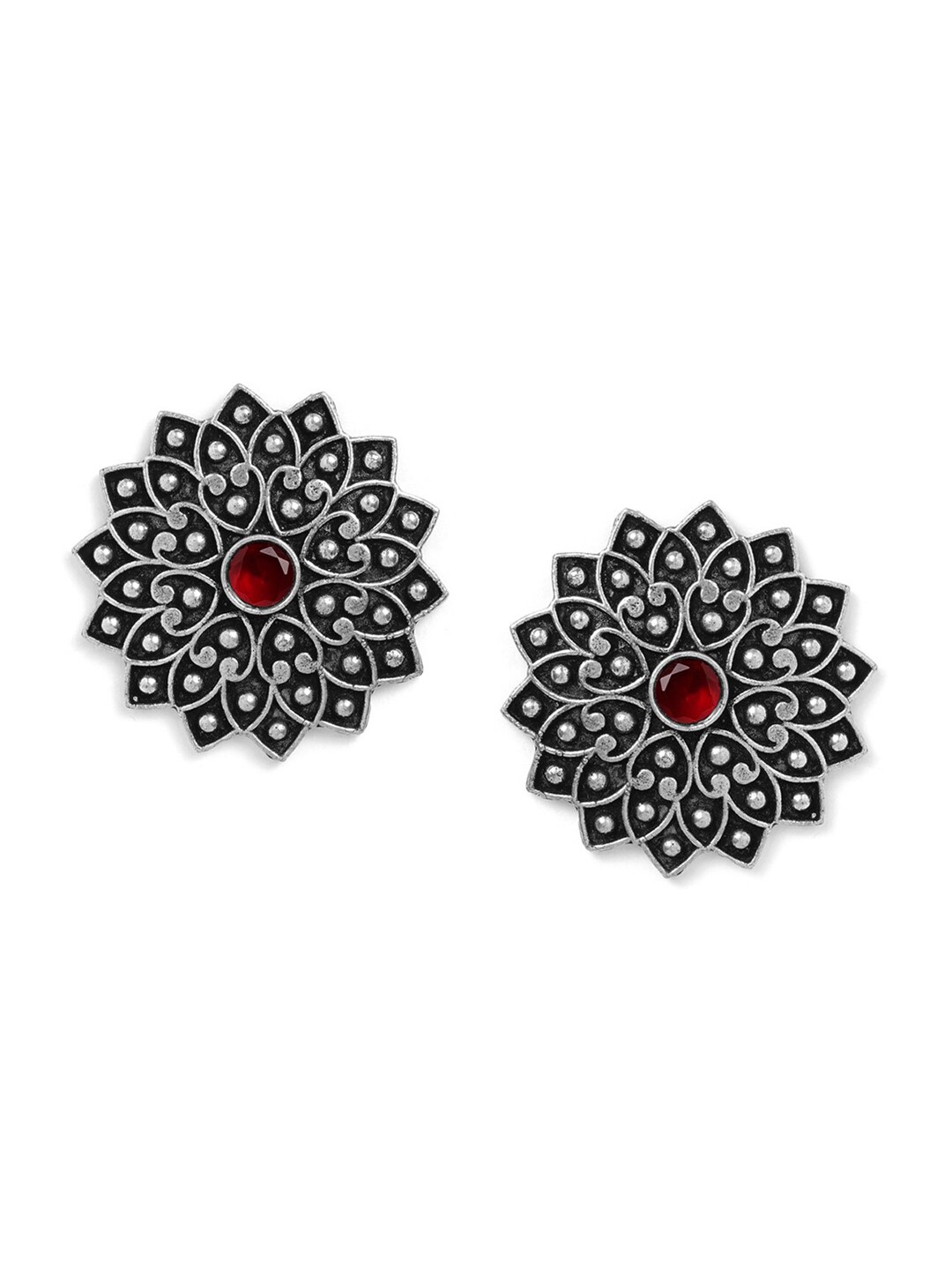 Anouk Silver-Toned & Red Floral Studs Earrings Price in India