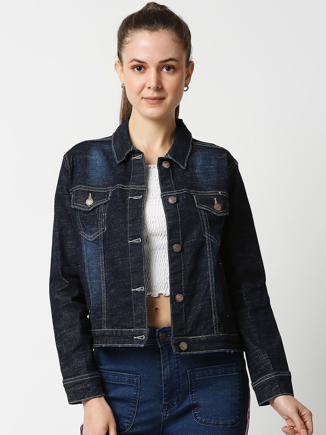 High Star Women Blue Washed Denim Jacket Price in India