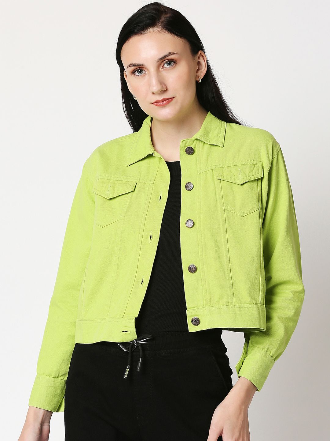 High Star Women Green Lightweight Crop Denim Jacket with Embroidered Price in India