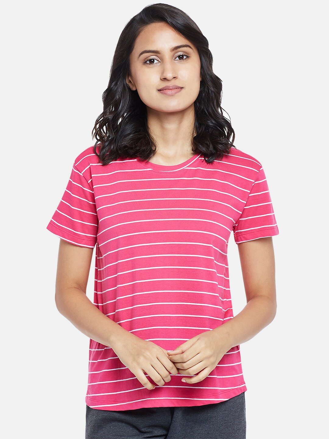 Dreamz by Pantaloons Pink & White Striped Regular Lounge tshirt Price in India