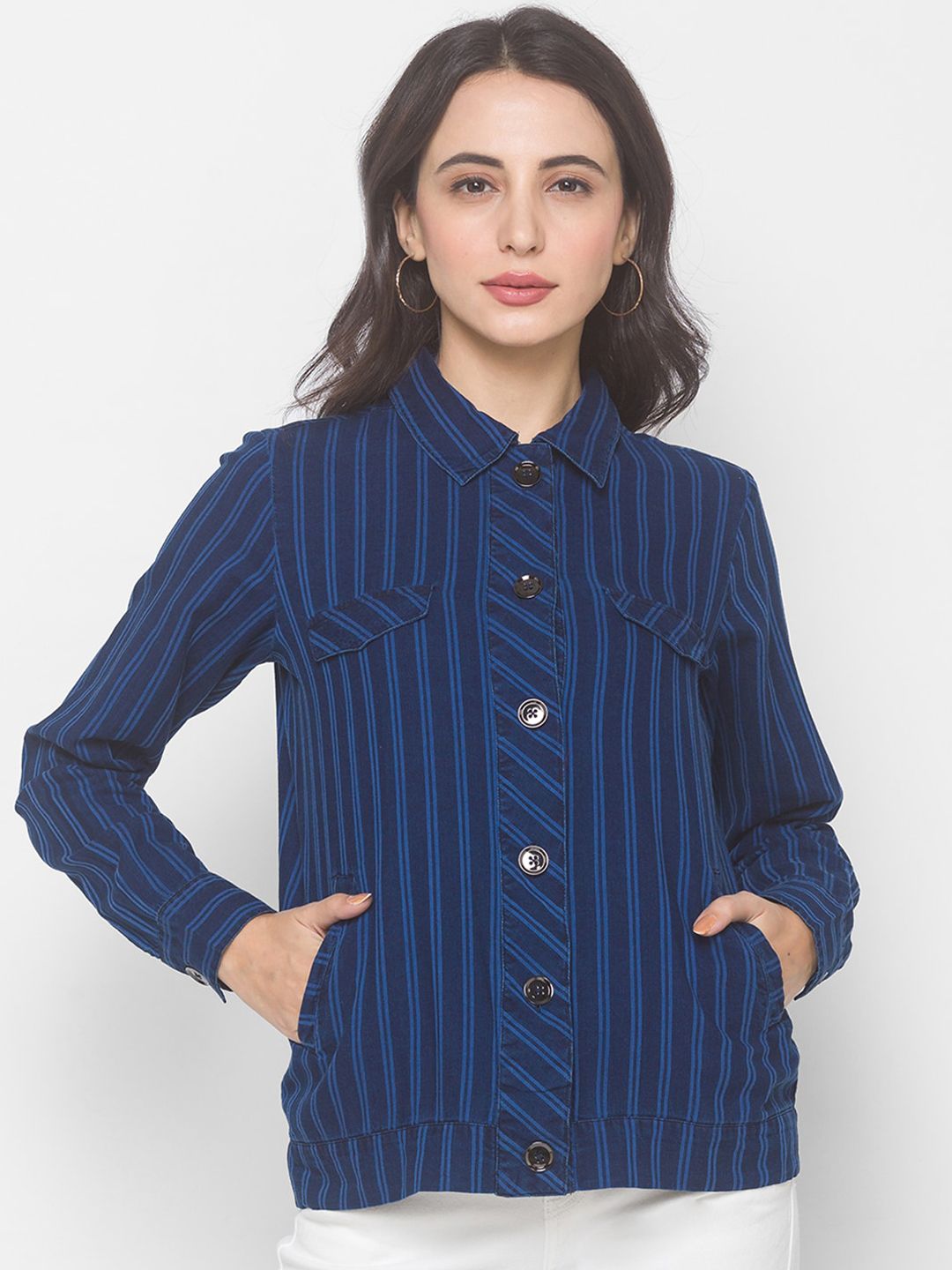 Globus Women Blue Striped Denim Jacket Price in India