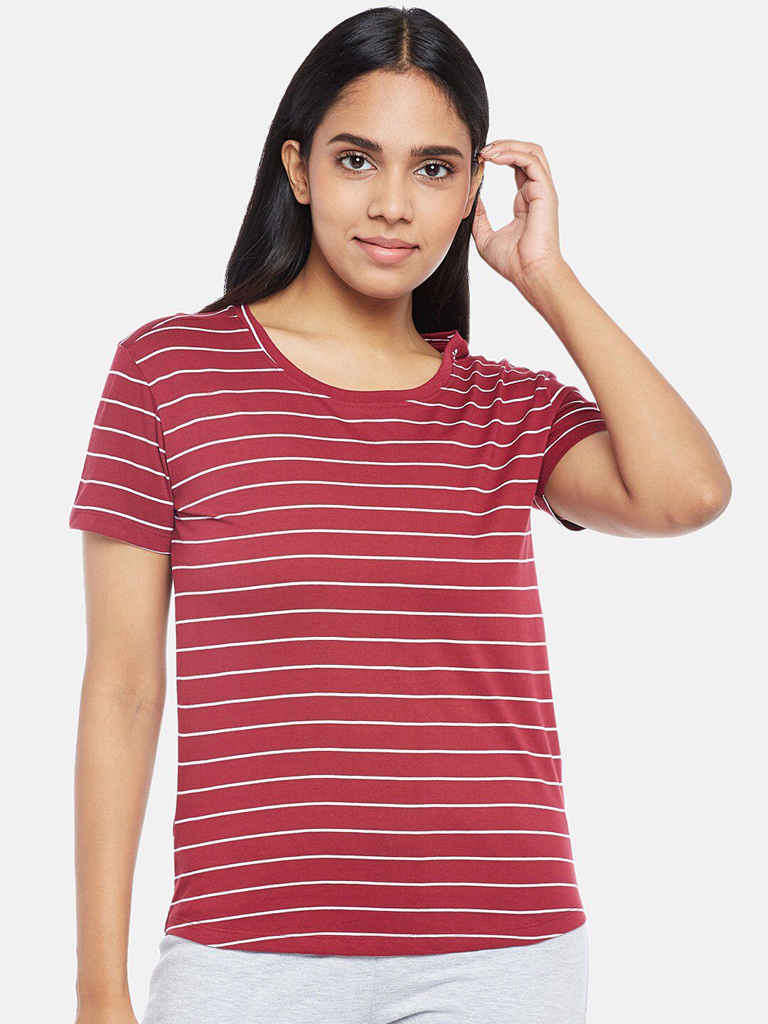 Dreamz by Pantaloons Women Red Striped Pockets Lounge T-shirt Price in India