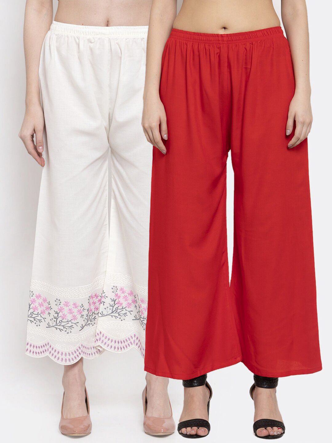 Miaz Lifestyle Women Pack of 2 Red & Off-White Solid Wide Leg Palazzos Price in India