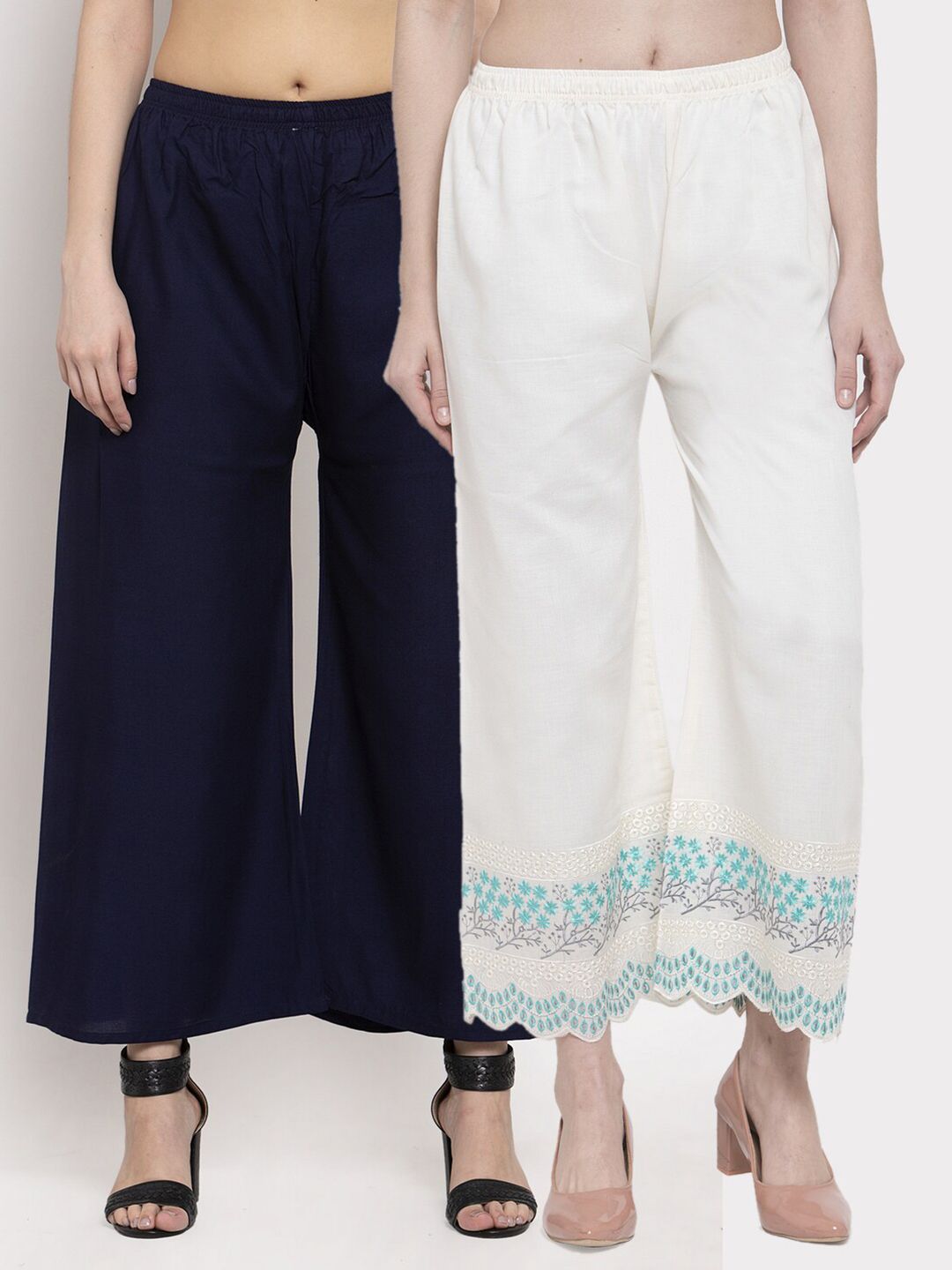 Miaz Lifestyle Women Pack of 2 Navy Blue & Off-White  Solid Wide Leg Palazzos Price in India