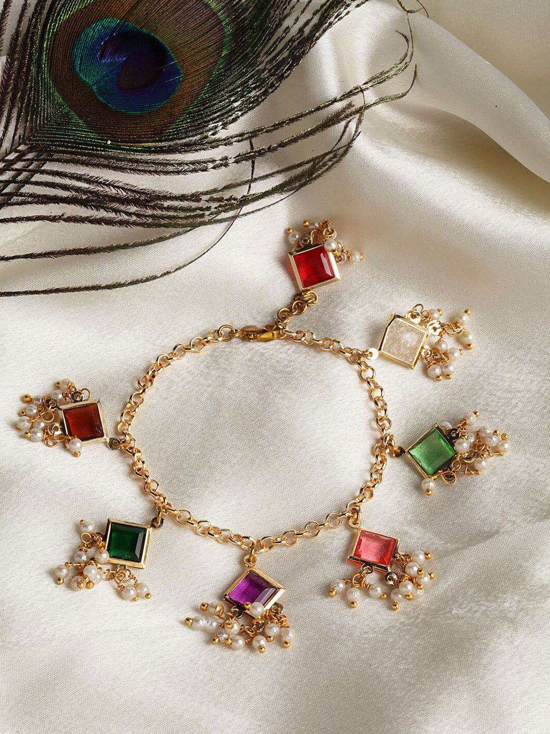 DUGRISTYLE Women Gold-Toned & Multicolour Natural Stones Studded & Beaded Bracelet Price in India