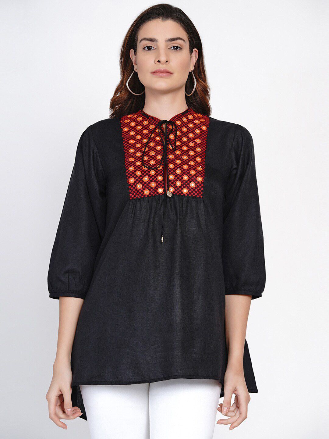 Bhama Couture Black & Red Cotton Embroidered Mirror Work Tunic Price in India
