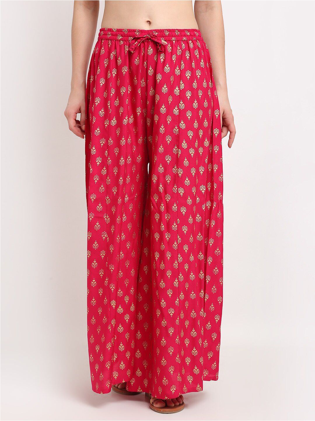 GRACIT Women Pink & Gold-Toned Ethnic Motifs Printed Flared Knitted Ethnic Palazzos Price in India