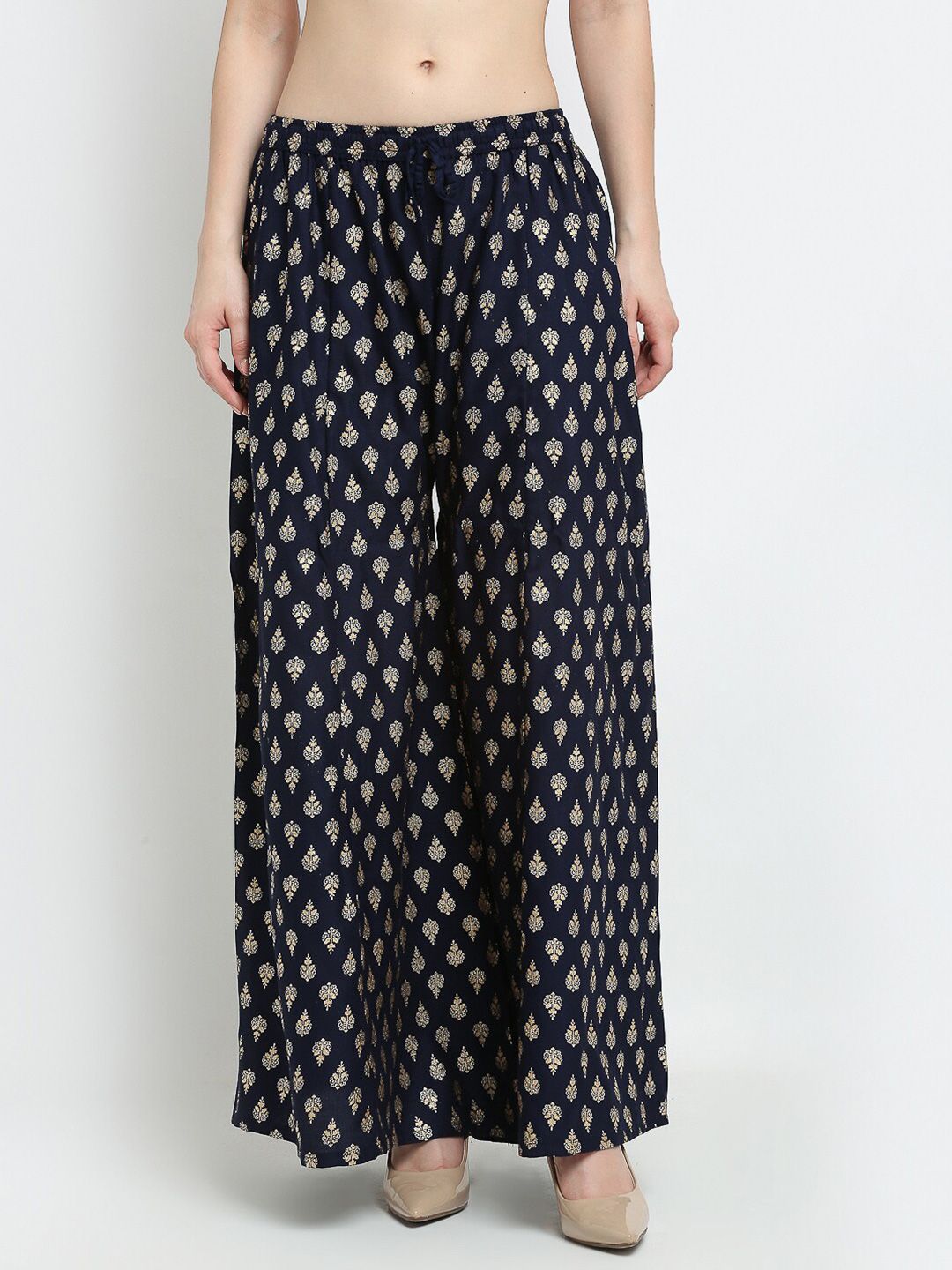 GRACIT Women Navy Blue & Gold-Toned Floral Printed Flared Knitted Ethnic Palazzos Price in India