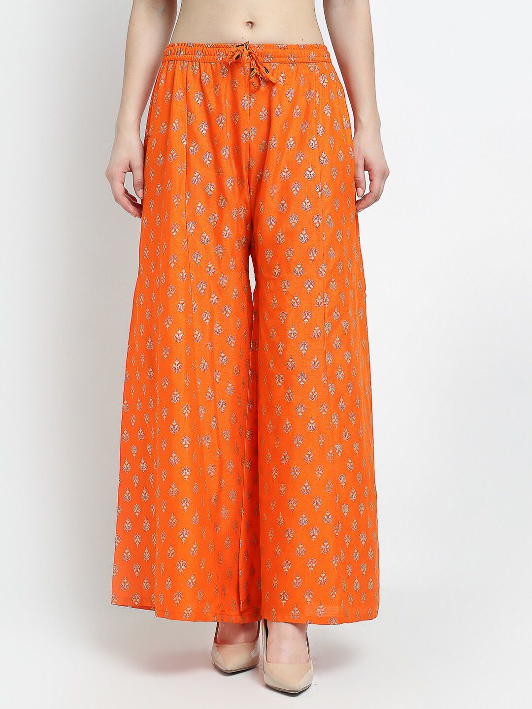 GRACIT Women Orange & Gold-Toned Floral Printed Flared Knitted Ethnic Palazzos Price in India