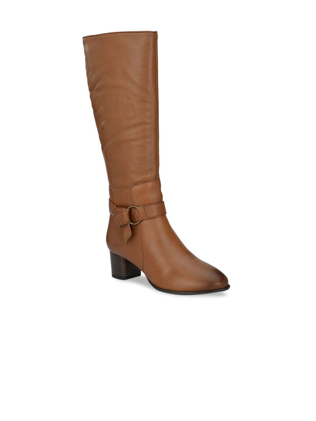 Delize Tan Brown Leather High-Top Block Heeled Boots with Buckles Price in India