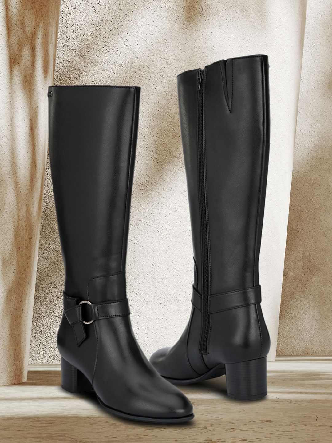 Delize Black Leather Party High-Top Block Heeled Boots Price in India