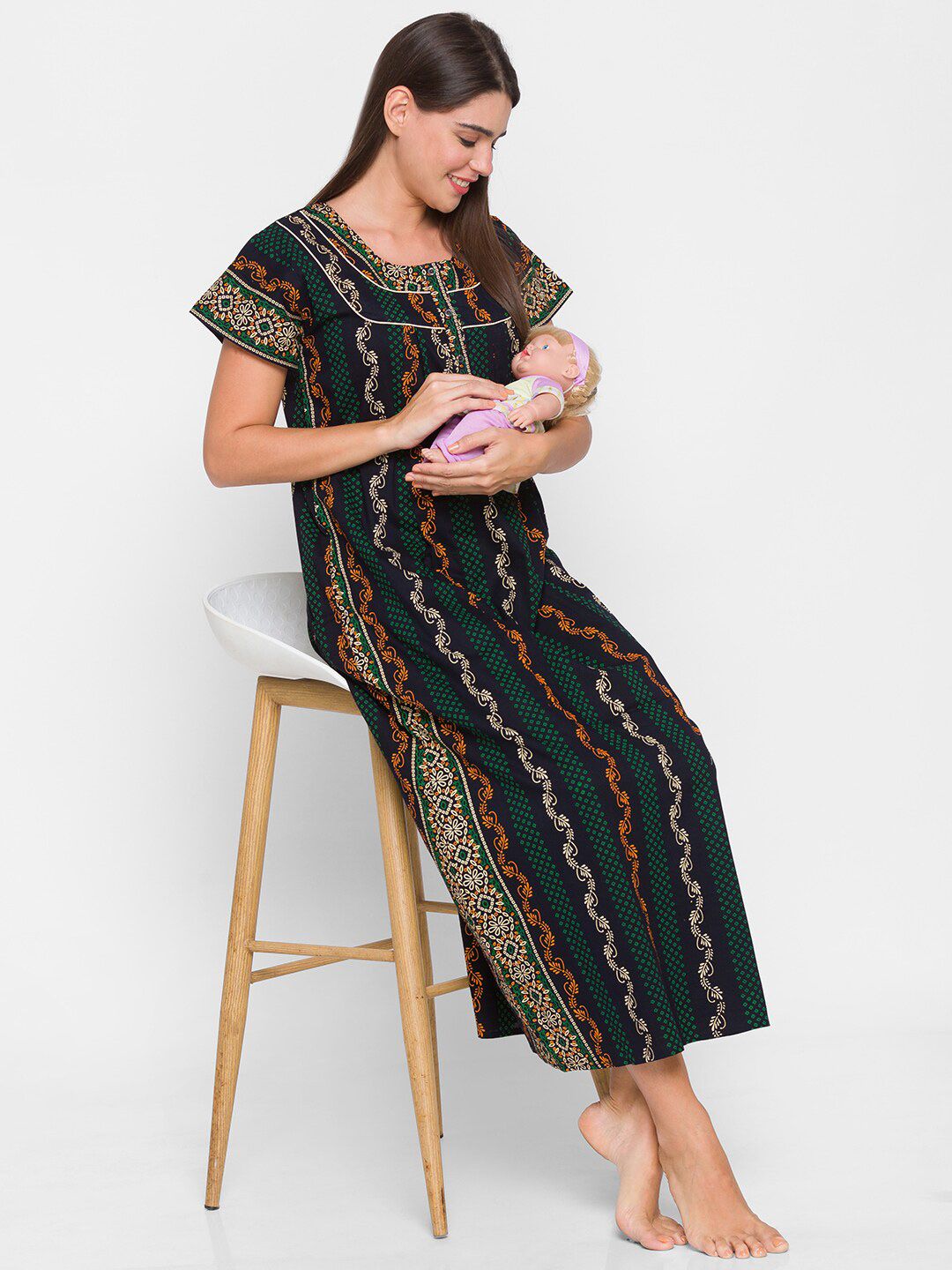 AV2 Women Blue Pure Cotton Floral Printed Maternity Nightdress