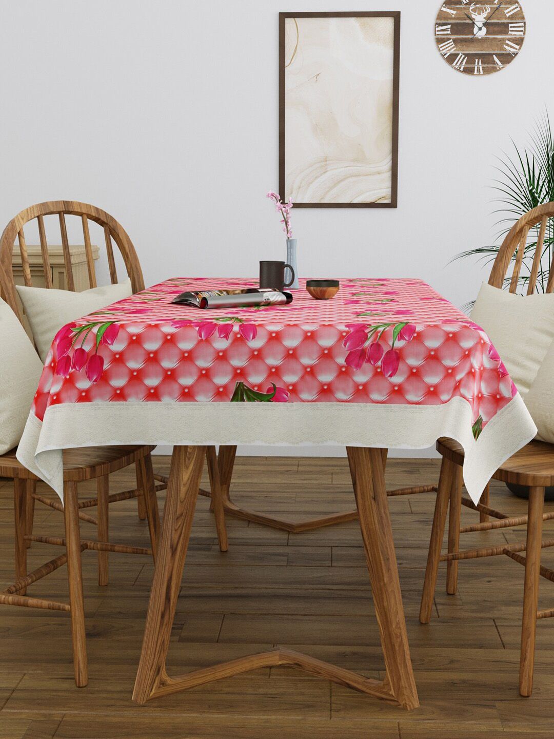 Clasiko Pink & White Floral Printed 4-Seater Rectangular Table Cover Price in India