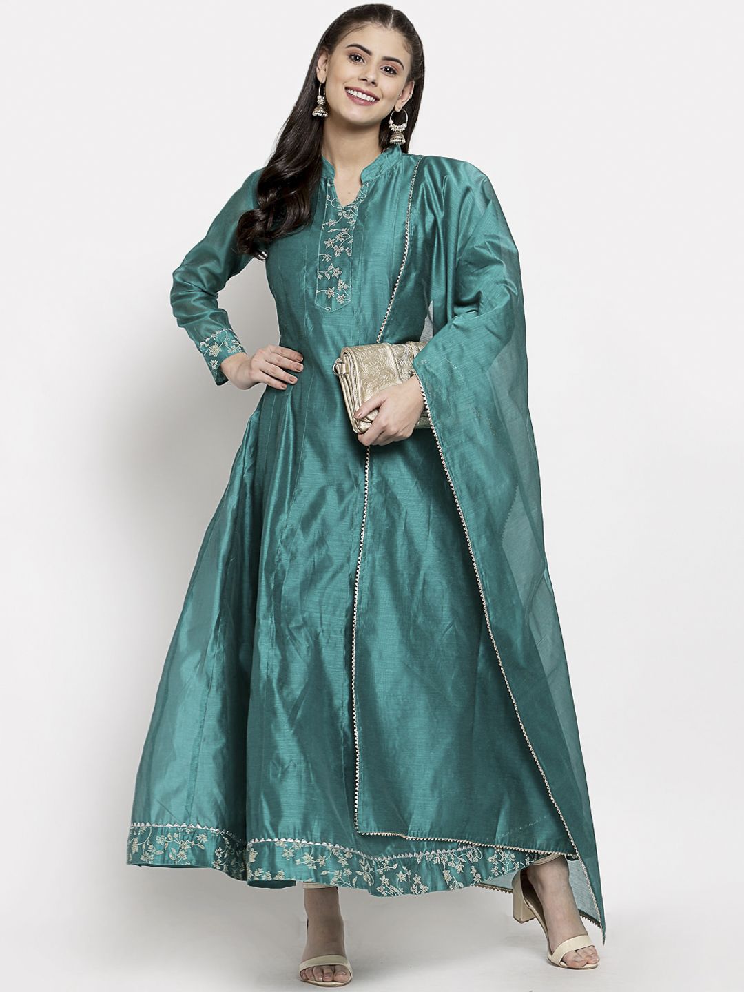 Myshka Green Ethnic Motifs Ethnic Anarkali Dress With Dupatta Price in India