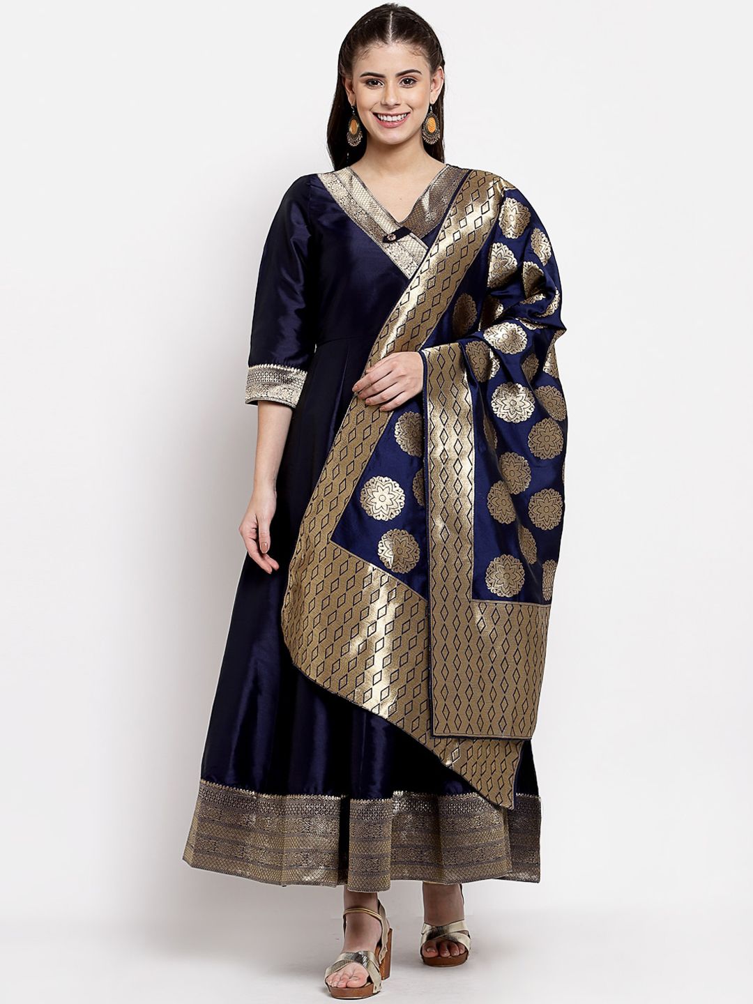 Myshka Navy Blue & Gold-Toned Ethnic Motifs Ethnic Anarkali Dress With Dupatta Price in India