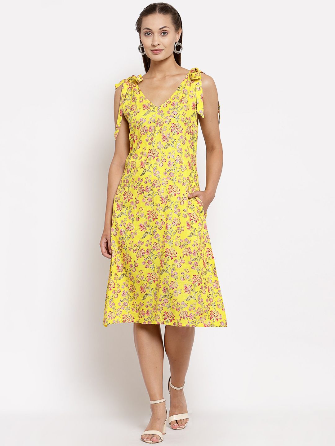 Myshka Yellow Floral Printed A-Line Dress Price in India