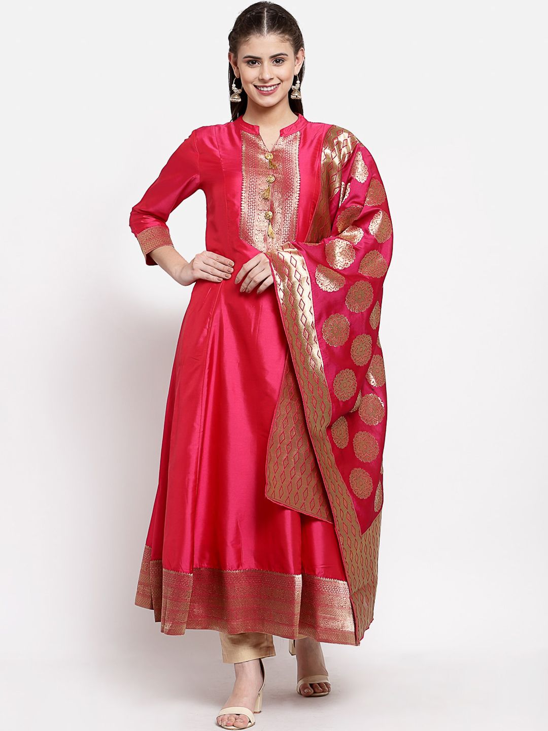 Myshka Red Ethnic Motifs Ethnic Anarkali Dress With Dupatta Price in India