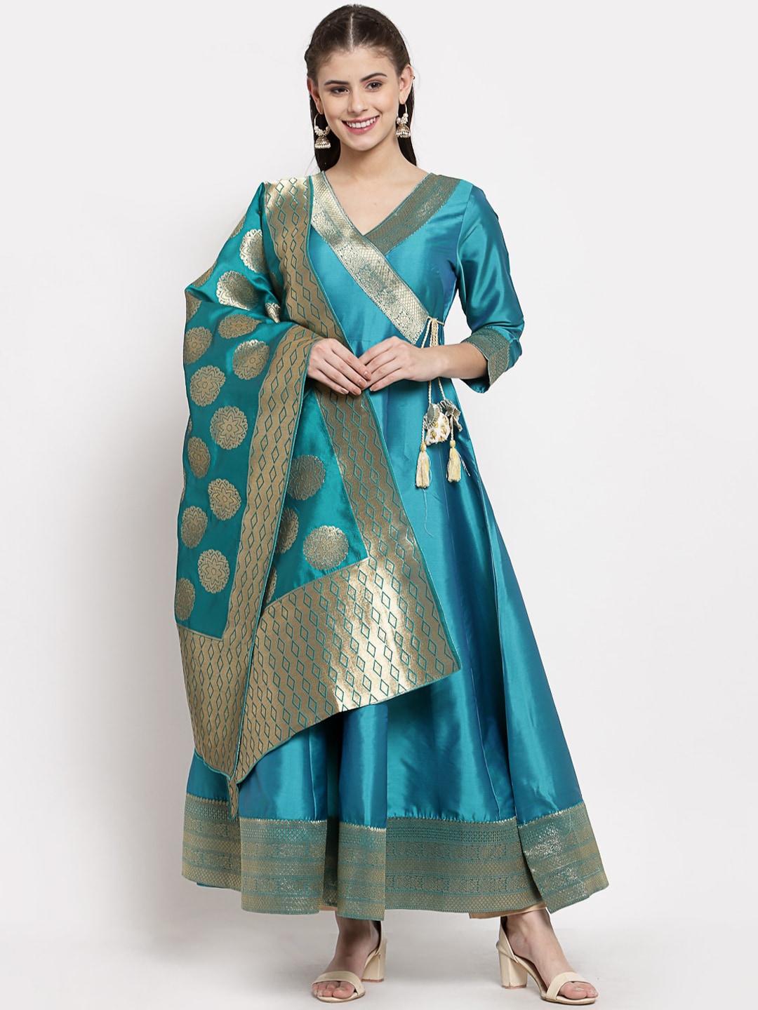 Myshka Green & Gold-Toned Ethnic Motifs Ethnic Anarkali Dress With Dupatta Price in India