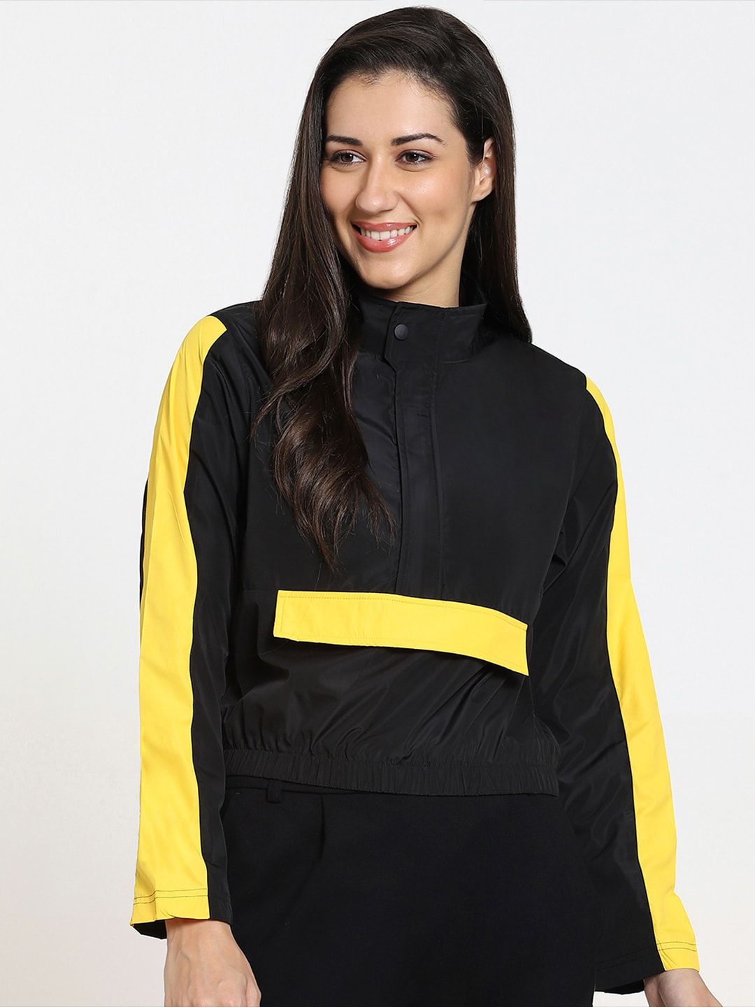 Bewakoof Women Black & Yellow Colourblocked Windcheater Crop Tailored Jacket Price in India