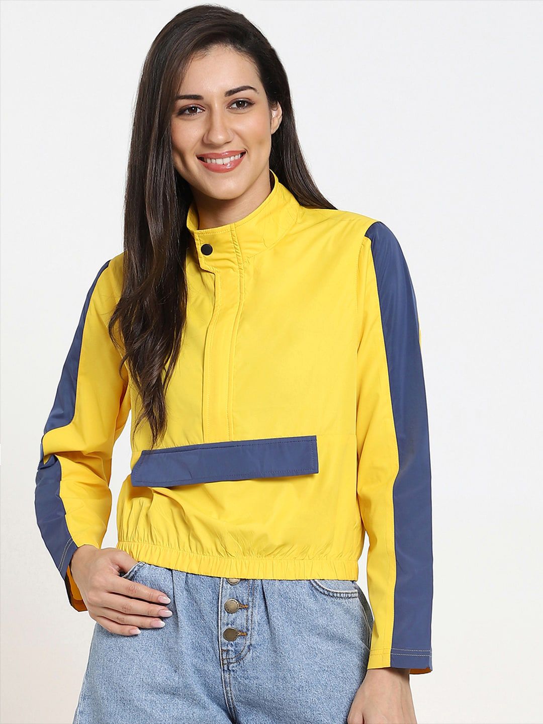 Bewakoof Women Yellow Blue Colourblocked Crop Tailored Jacket Price in India