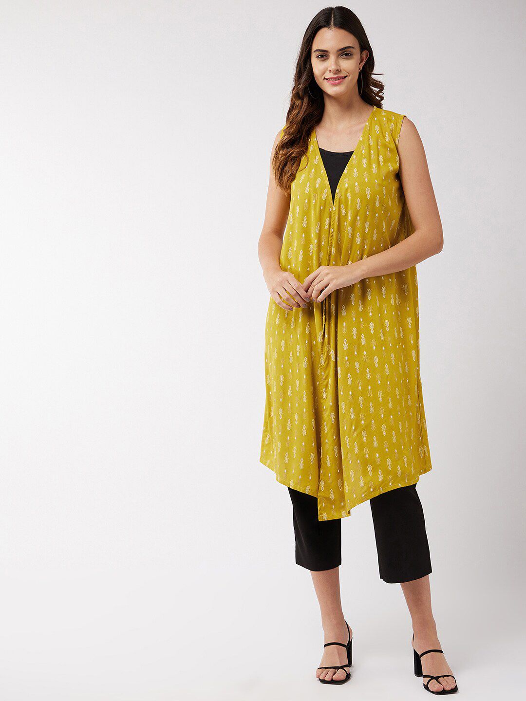 InWeave Women Yellow & Off White Printed Longline Shrug Price in India