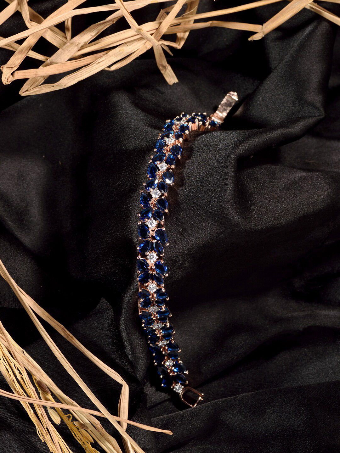 Saraf RS Jewellery Women Blue & Rose Gold-Toned American Diamond Wraparound Bracelet Price in India