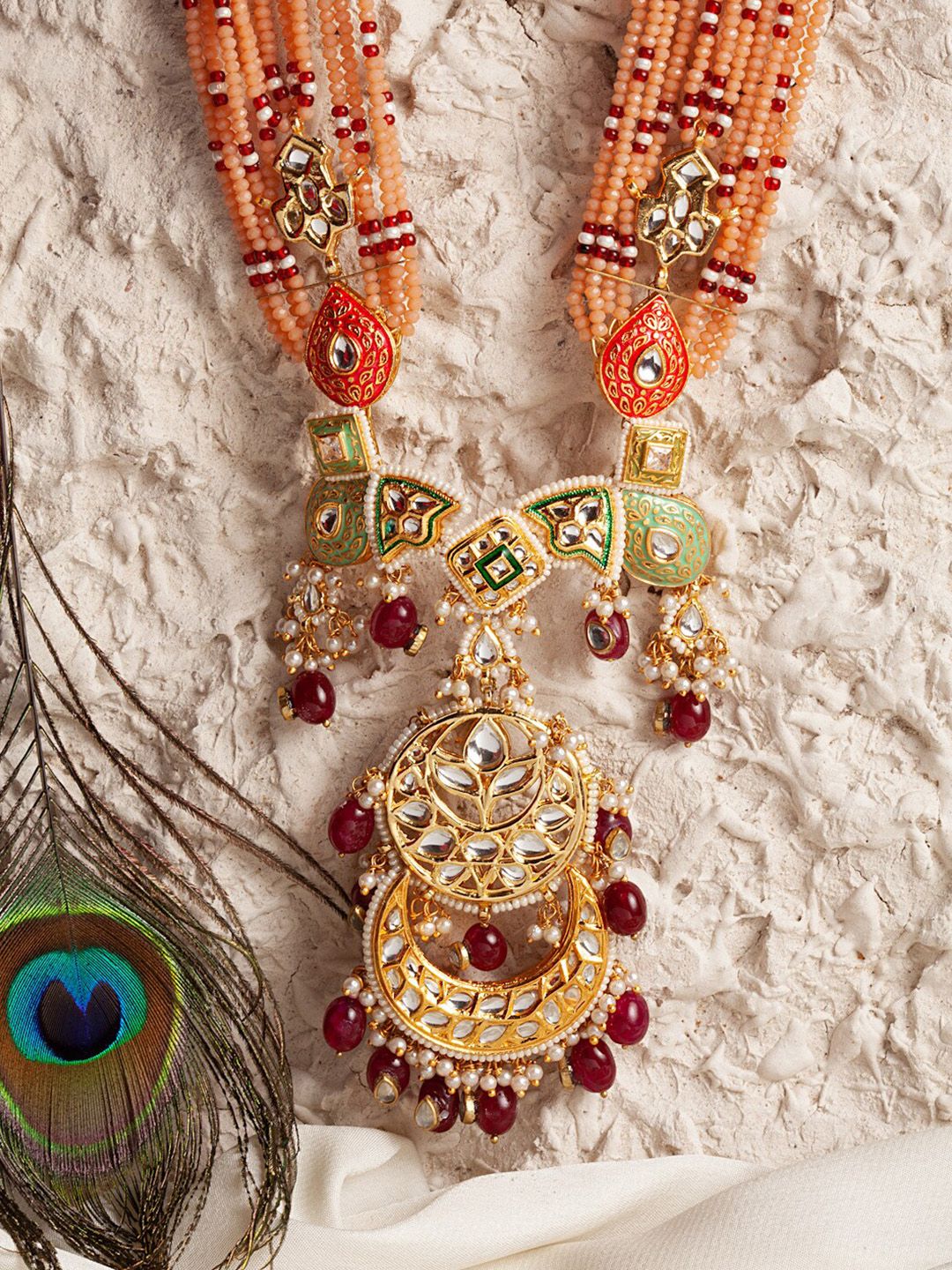 DUGRISTYLE Gold-Toned & Peach-Color Kundan Studded & Beaded Handicrafted Long Necklace Price in India