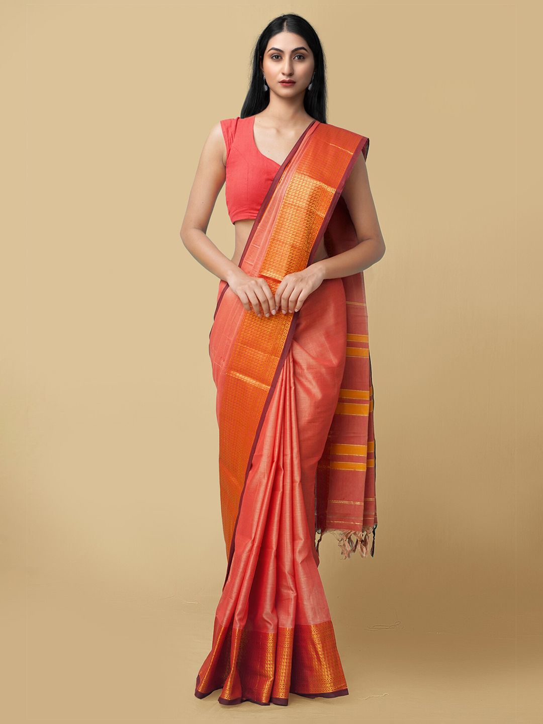 Unnati Silks Red & Orange Woven Design Pure Cotton Narayan Peth Saree