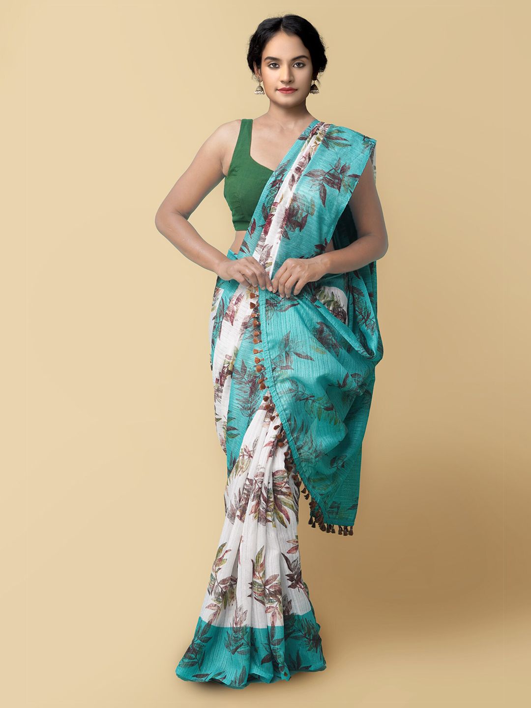 Unnati Silks Cream-Coloured & Green Woven Design Art Silk Patola Saree