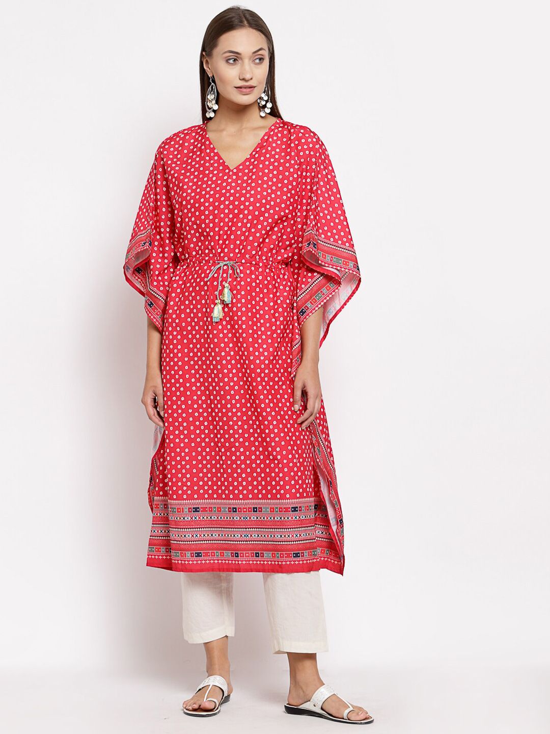 Myshka Women Red Geometric Printed Flared Sleeves Pure Cotton Kaftan Kurta Price in India