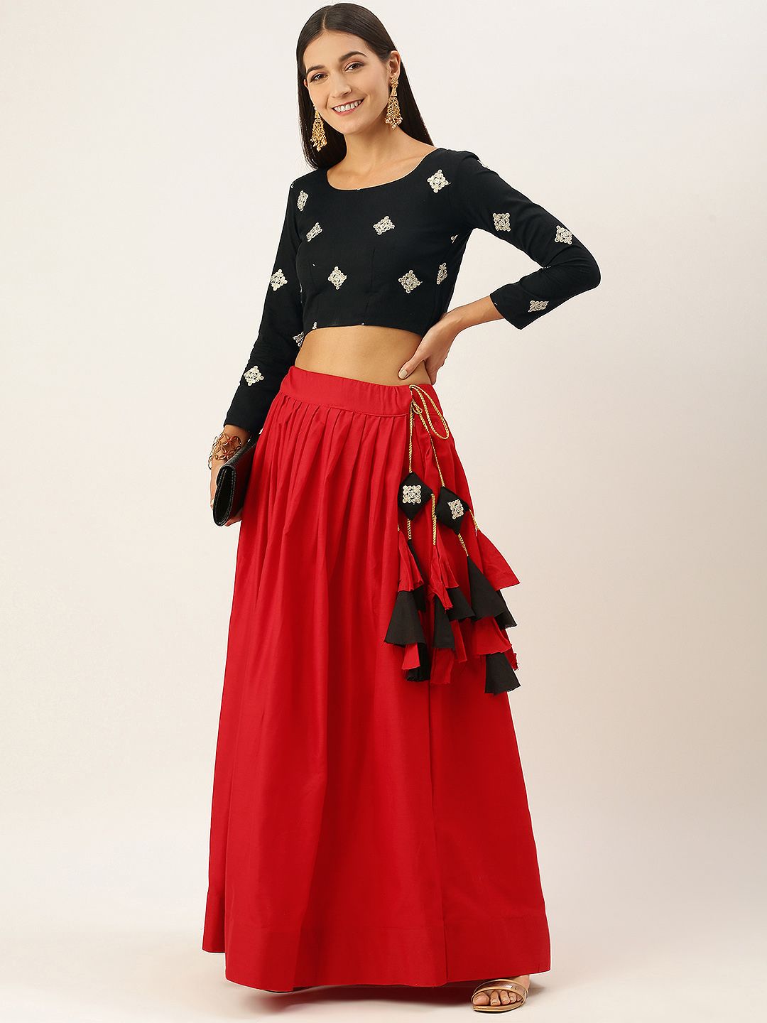 LOOKNBOOK ART Red & Black Thread Work Semi-Stitched Lehenga Choli Price in India