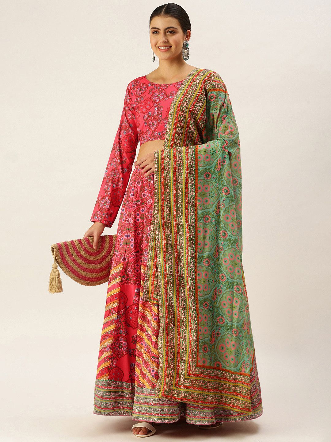 LOOKNBOOK ART Women Pink & Green Semi-Stitched Lehenga & Unstitched Blouse With Dupatta Price in India