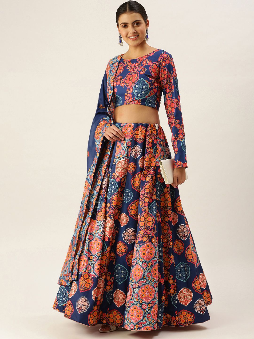 LOOKNBOOK ART Women Blue Pink Semi-Stitched Lehenga & Unstitched Blouse With Dupatta Price in India